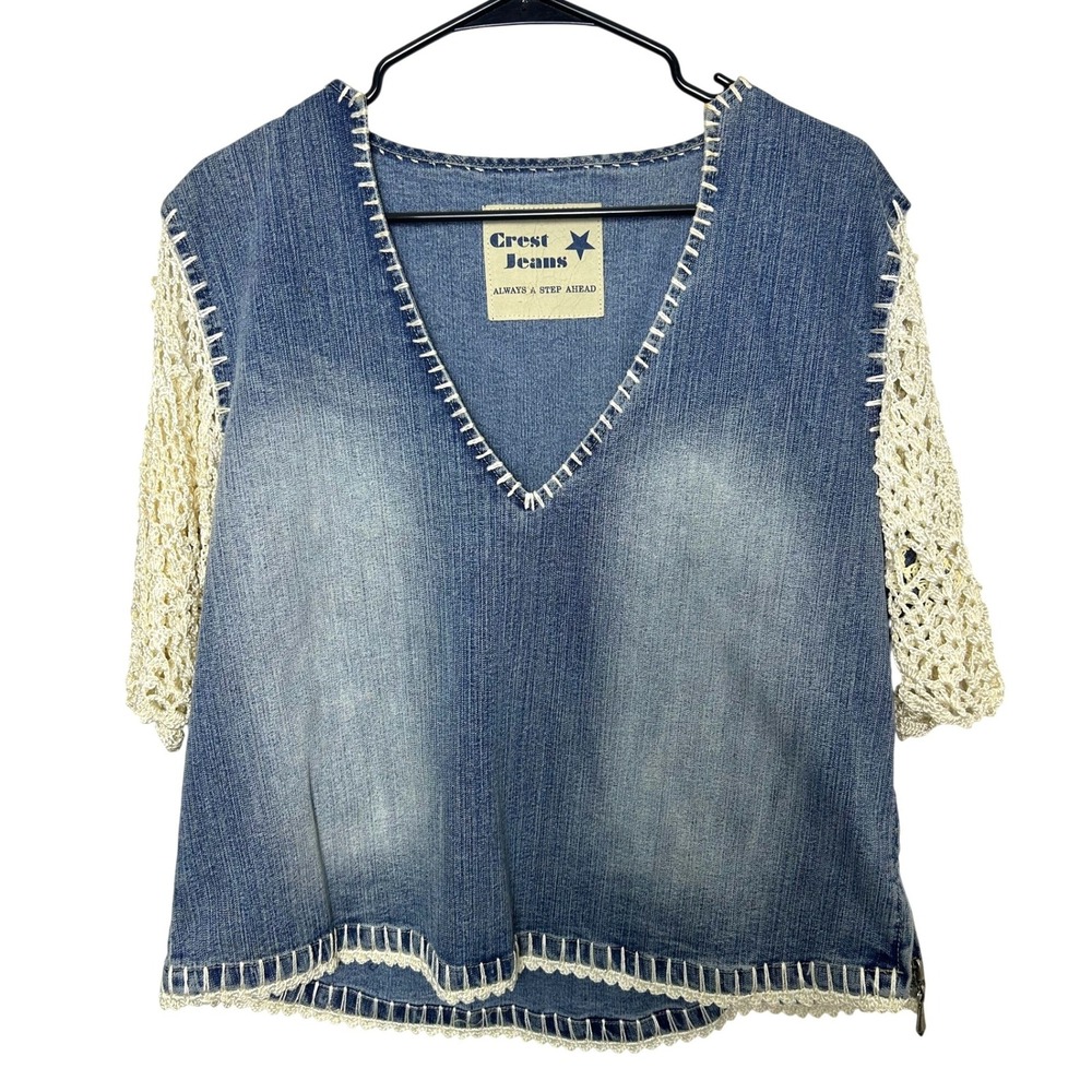 Crest Jeans Top L Blue Crochet Sleeve Denim V-Neck Boho Y2K Western Festival